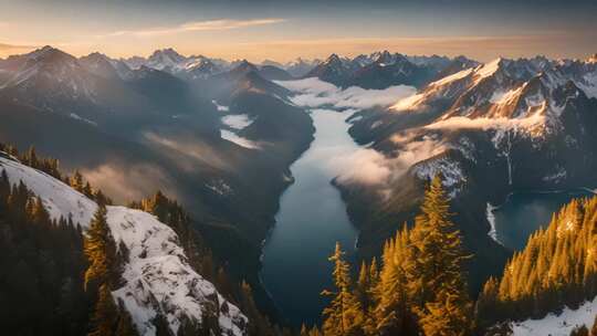 雪山森林河谷自然风光全景