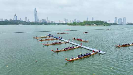 南京玄武湖端午节划龙舟比赛端午龙舟赛航拍