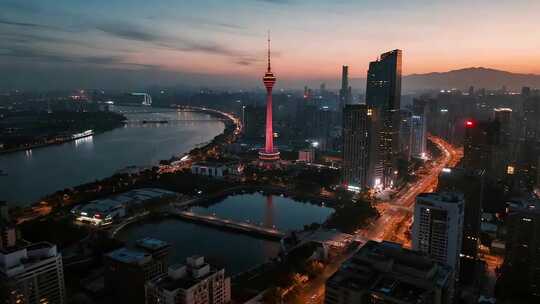 成都城市地标建筑黄昏全景