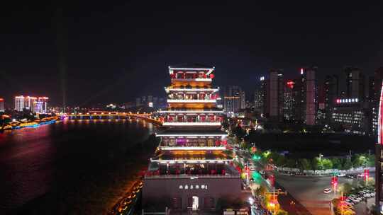 陕西安康美术馆夜景安康西城阁夜景航拍