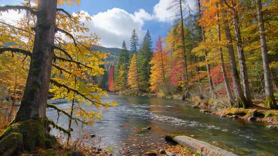 秋季森林河流自然风光