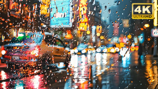 城市雨景夜景窗上雨滴特写雨天行人匆匆