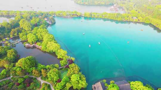 杭州西湖春天湿地江南手划船自然风景航拍