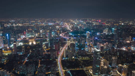 上海交通车流高架路夜景航拍延时