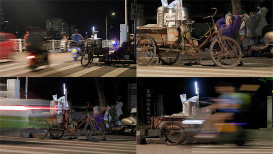 夏夜斑马线：阿婆凉茶与车流交织的市井风情高清在线视频素材下载