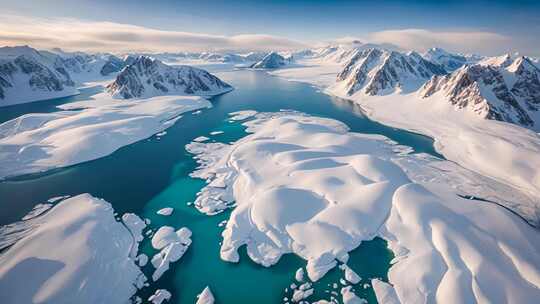 冰雪覆盖山脉与湖泊全景