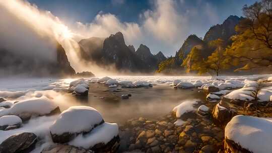 雪山溪流日出自然景观