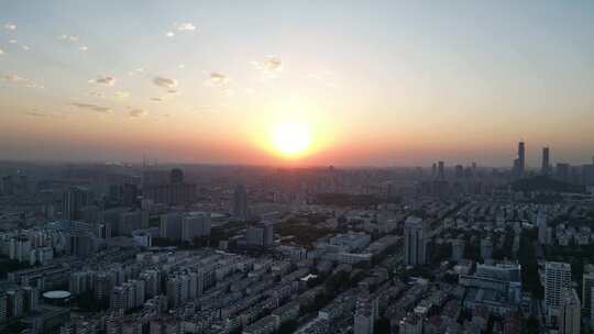 航拍山东济南城市日出济南大景