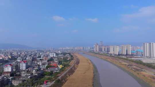 莆田木兰溪城市中的河流及两岸建筑景观航拍