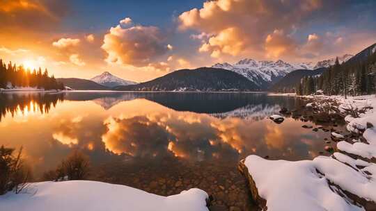 冬季雪山湖泊日落美景