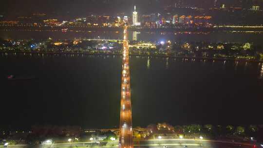 湖南长沙橘子洲大桥夜景交通航拍