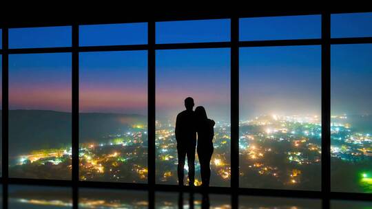 夫妻在大窗户前俯瞰城市