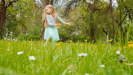女孩在公园里采花转圈