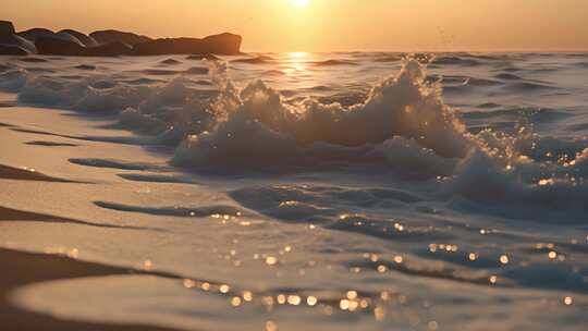 大海夕阳浪花风车巨浪海滩意境