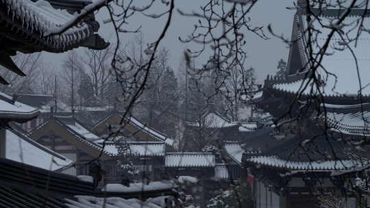 杭州径山寺中式古建筑寺庙雪景