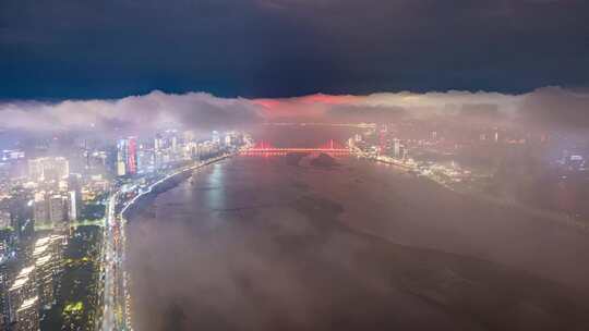 南昌红谷滩城市夜景平流雾延时摄影航拍