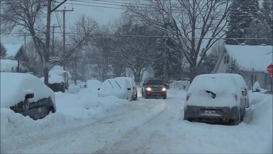 积雪覆盖街道车辆行驶画面