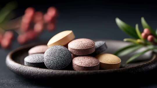 色彩斑斓的药片静置于古朴的器皿中