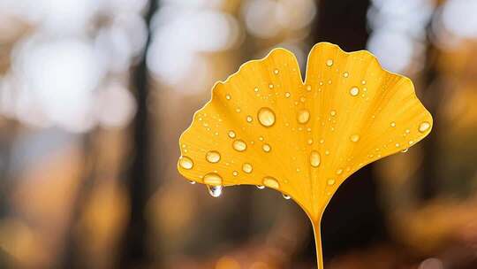 带水珠的银杏叶特写