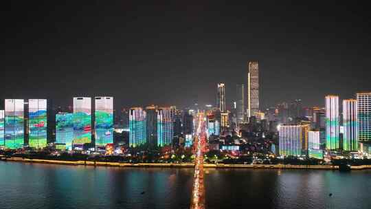长沙城市夜景航拍湘江风光万达广场灯光秀
