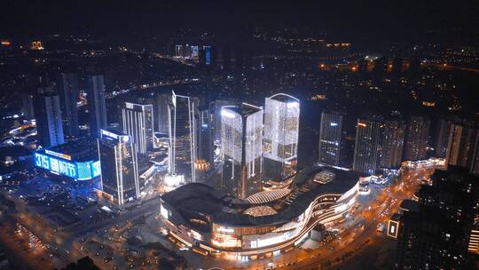 重庆光环商圈夜景航拍向前飞行