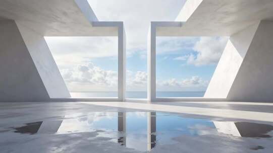 现代极简室内空间与窗外海景