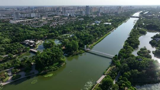 城市公园河流城市建筑人文景观航拍
