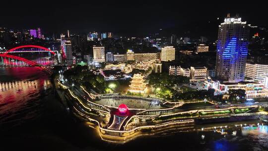 四川宜宾三江交汇处合江楼夜景灯光航拍