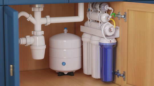 厨房水槽下的反渗透净水系统。水清洁系统