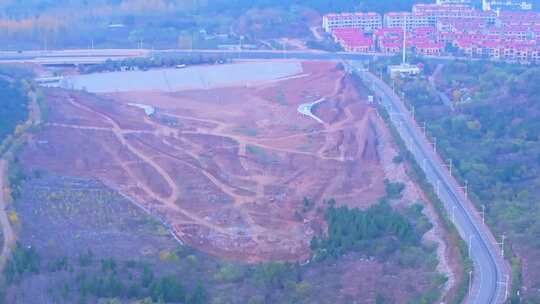 航拍枣庄袁山寨风景区水库改造项目