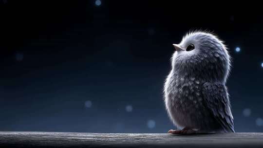 夜幕下毛茸茸小鸟的可爱凝视