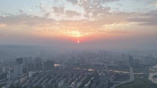 陕西宝鸡城市日出彩霞航拍