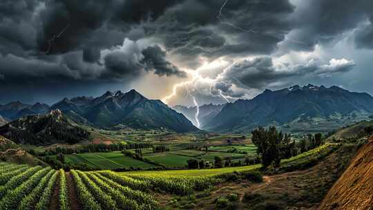 雷电下的多彩梯田与连绵山脉风景