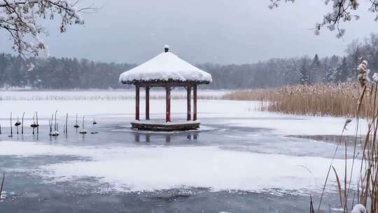 雪后湖面凉亭自然风光