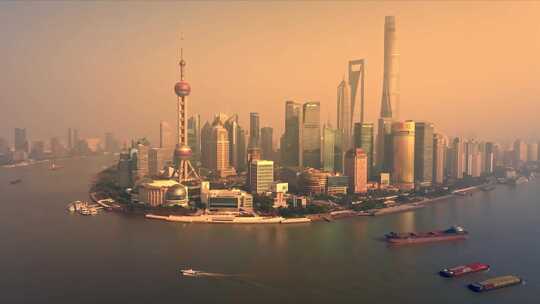 上海市外滩陆家嘴夕阳风景南京东路航拍