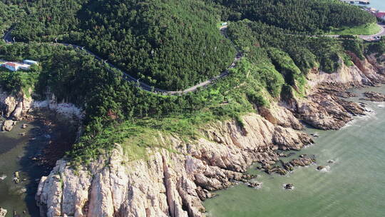 航拍海边岩石森林中蜿蜒的道路