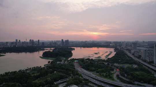 江苏南京夕阳晚霞夜幕降临夜景灯光航拍