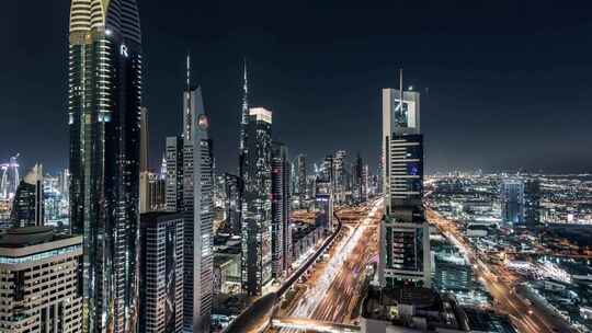 城市航拍迪拜市中心摩天大楼汽车夜景灯光