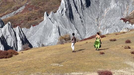 枯黄草原情侣走向高原石林拍婚纱写真视频素材模板下载