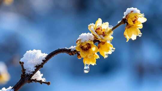 雪中绽放的黄色梅花特写