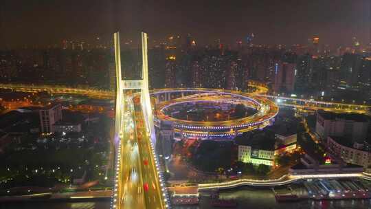 上海市黄浦区南浦大桥夜晚夜景车流航拍延时视频素材模板下载