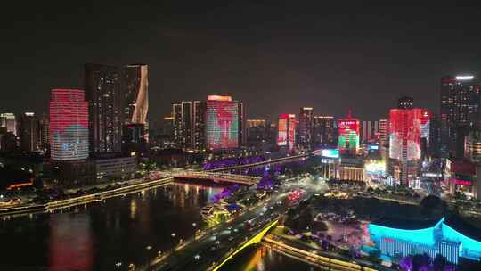 无人机航拍浙江省宁波市三江口城市夜景