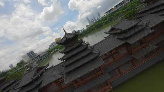 航拍广西首府南宁民歌湖风雨桥穿越机fpv