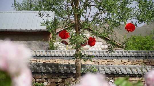 乡村古建筑与红灯笼景象