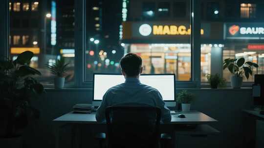 夜晚在办公室办公的男士背影