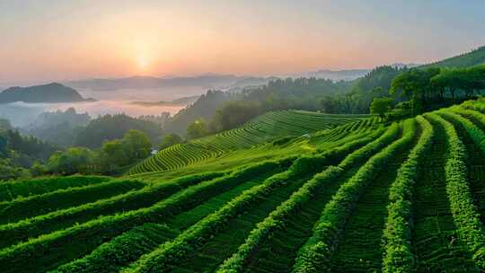 航拍日出茶叶茶山农村风景