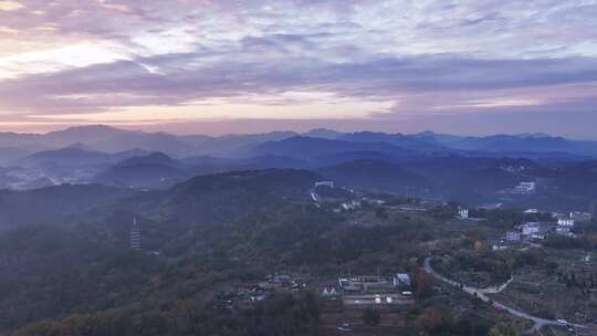 航拍日落山区乡村风光