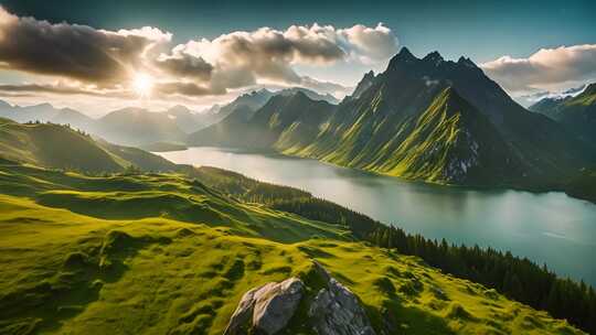 山间湖泊自然风光全景