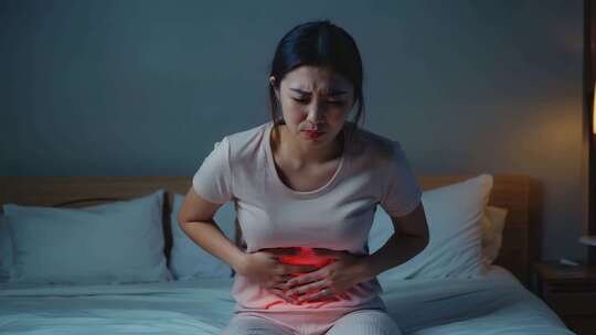 女性夜晚坐床上捂着肚子