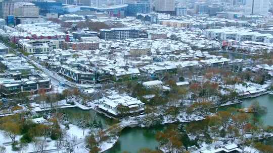 山东济南大明湖百花洲明府城雪景航拍